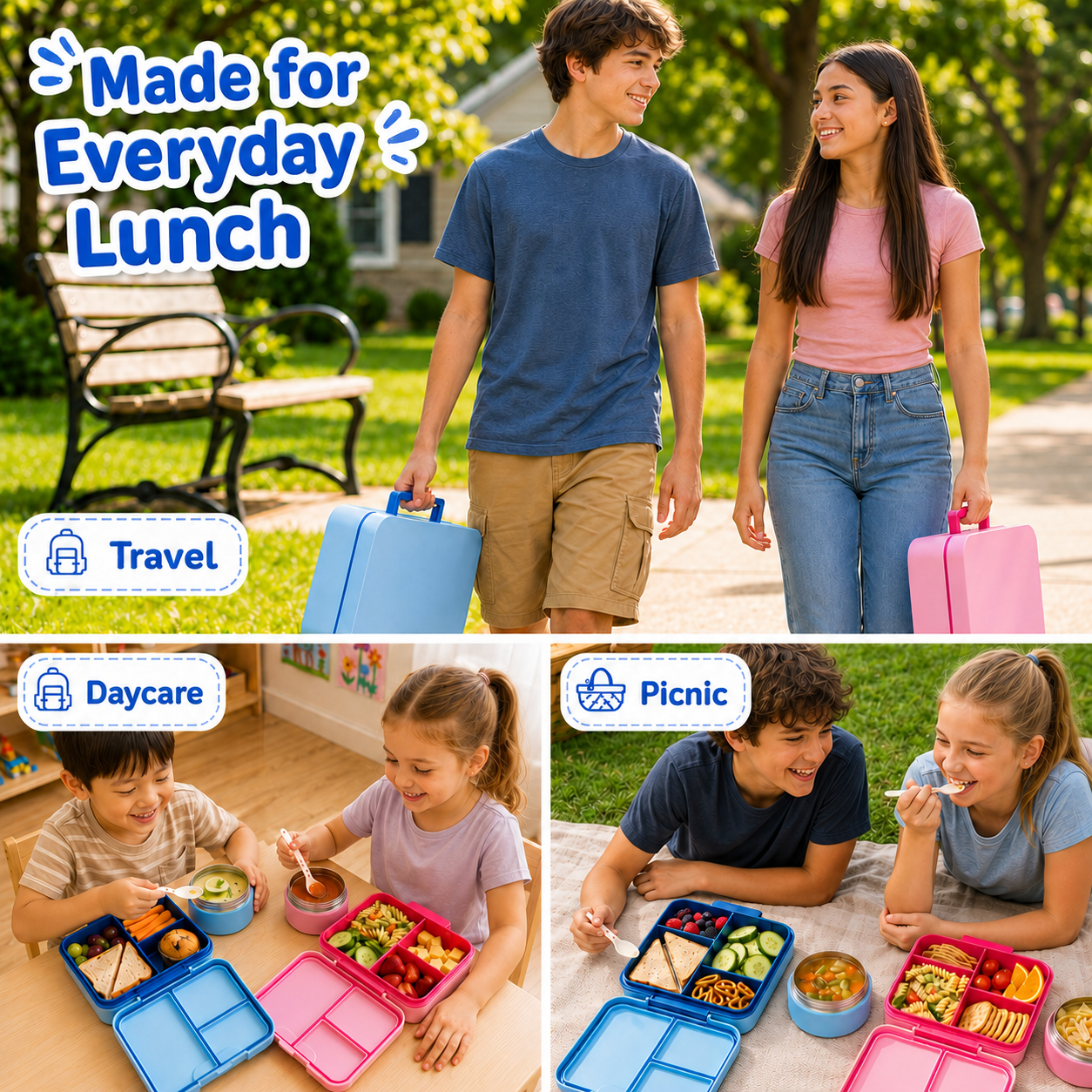 MEHOOM Kids Lunch Box with Thermos Food Jar, Bento Box for Kids with Removable Tray, Adjustable Divider, Soft Fork, Leak-Proof School Lunch Box for Daycare, Picnic, Travel, Blue