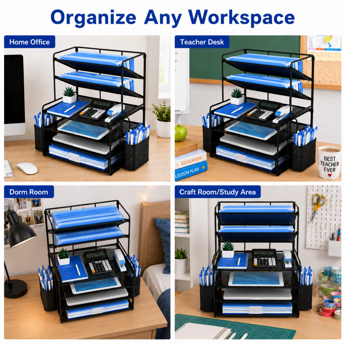 MEHOOM 6-Tier Desk Organizer, Metal File Organizer with Letter Tray Paper Organizer, Desktop Document & Mail Organizer, Office Supplies Organizer with 2 Pen Holders, Office Desk Accessories for Home,