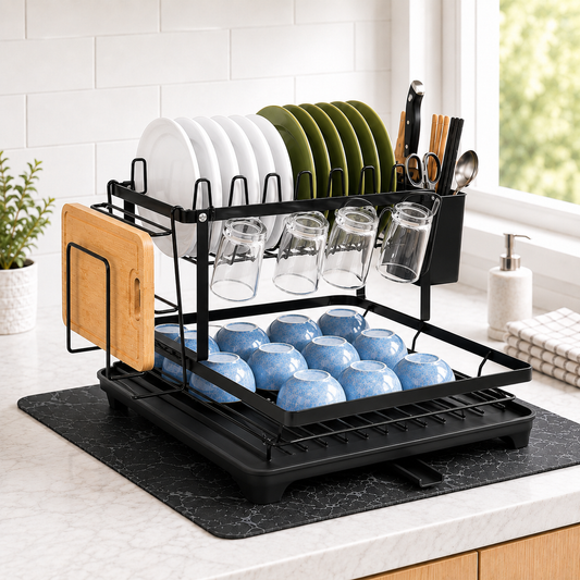 MEHOOM 2-Tier Dish Drying Rack, Dish Rack, Stainless Steel Dish Rack with Auto Drainage System and Absorbent Mat, Dish Drainer for Kitchen Counter