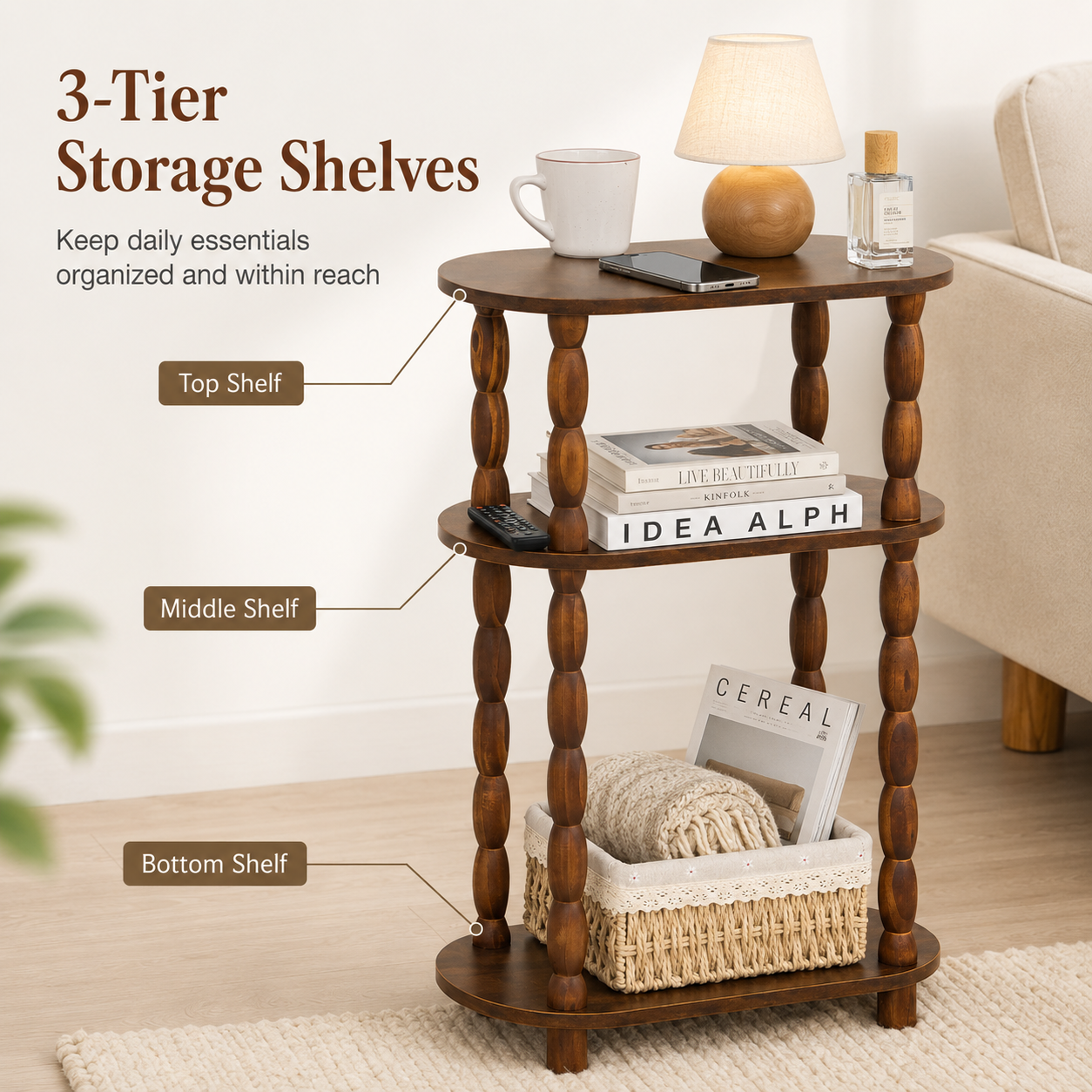 MEHOOM Narrow Side Table, Slim End Table with 3-Tier Storage Shelves, Farmhouse/Modern Nightstand for Small Spaces, Living Room, Bedroom (Rustic Brown)
