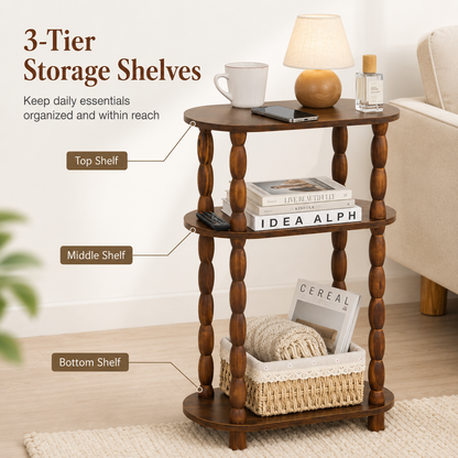 MEHOOM Narrow Side Table, Slim End Table with 3-Tier Storage Shelves, Farmhouse/Modern Nightstand for Small Spaces, Living Room, Bedroom (Rustic Brown)