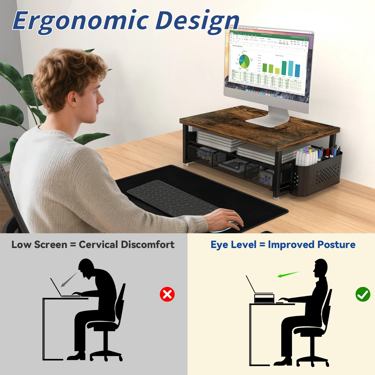 MEHOOM Desk Organizer and Accessories, 2-Tier Monitor Stand Riser with Drawer and 2 Pen Holders, Desktop monitor stand for Office and Dorm Use, Brown