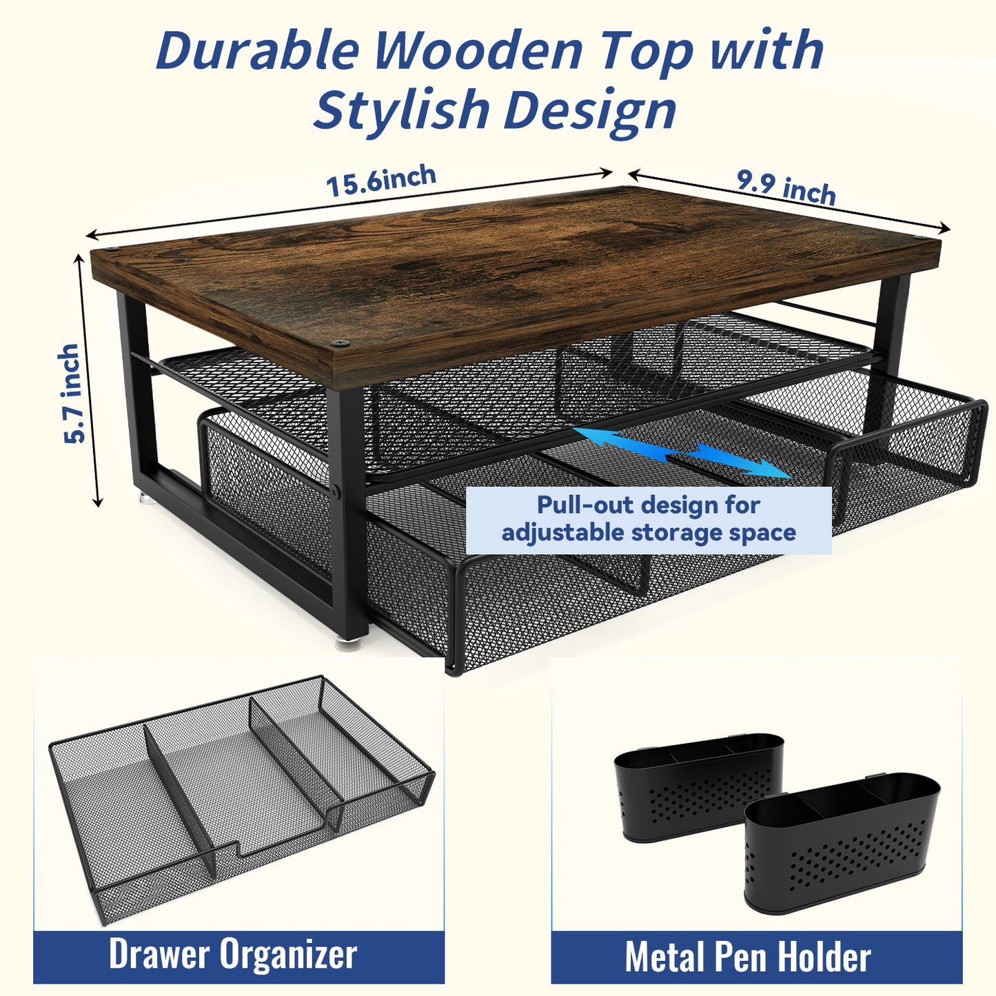 MEHOOM Desk Organizer and Accessories, 2-Tier Monitor Stand Riser with Drawer and 2 Pen Holders, Desktop monitor stand for Office and Dorm Use, Brown