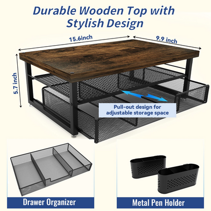 MEHOOM Desk Organizer and Accessories, 2-Tier Monitor Stand Riser with Drawer and 2 Pen Holders, Desktop monitor stand for Office and Dorm Use, Brown