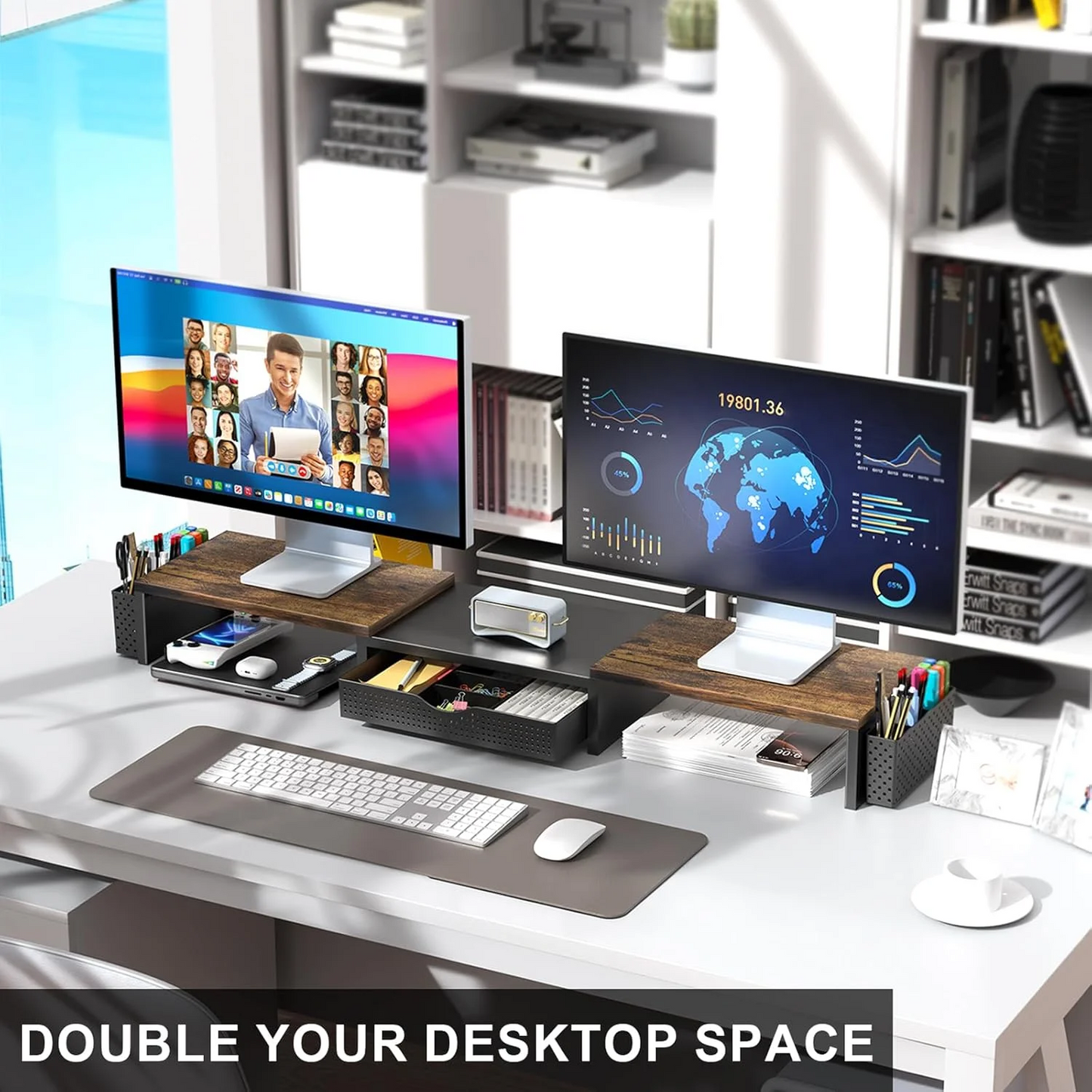 MEHOOM Dual Monitor Stand Riser, Desk Organizer With Drawer and 2 Pen Holders,Computer Monitor Stand, Desk Shelf for Top of Desk, Wood