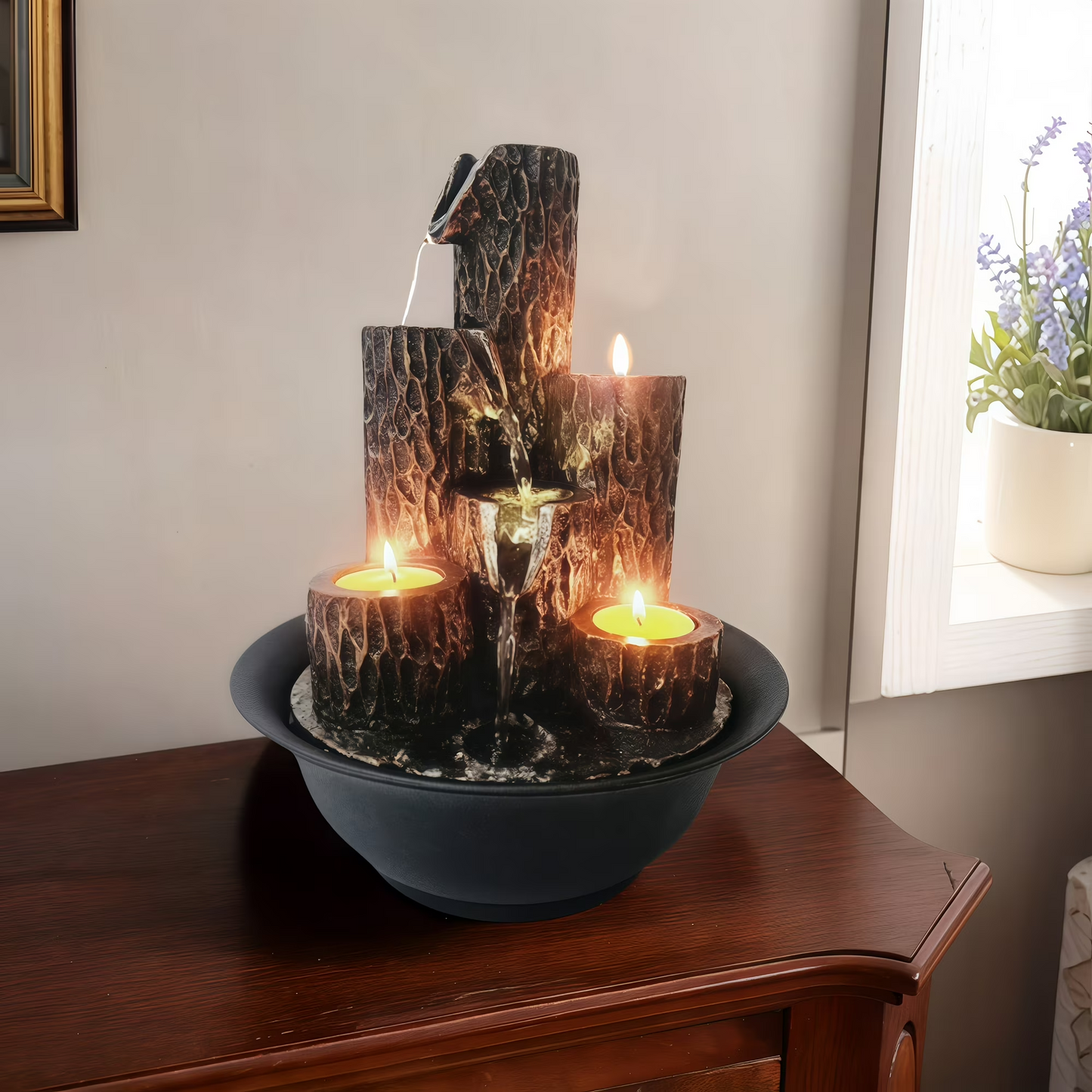 XGVGI Resin 3-Tier Tabletop Waterfall Fountain with Candle Holder, Desktop Water Fountain Indoor Home
