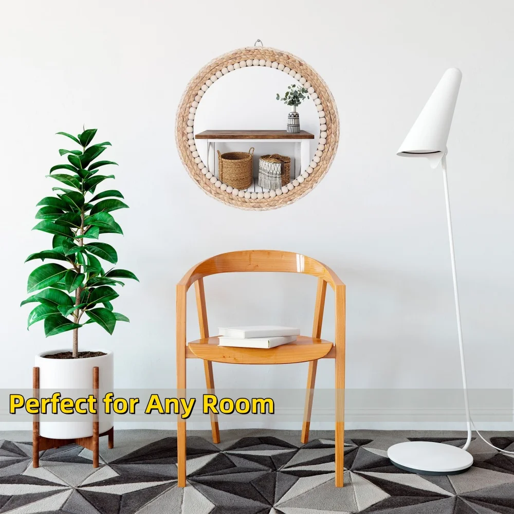 MEHOOM 20" Round Boho Wall Mirror, Rattan Hanging Mirror for Bedroom, Living Room, Farmhouse Decor