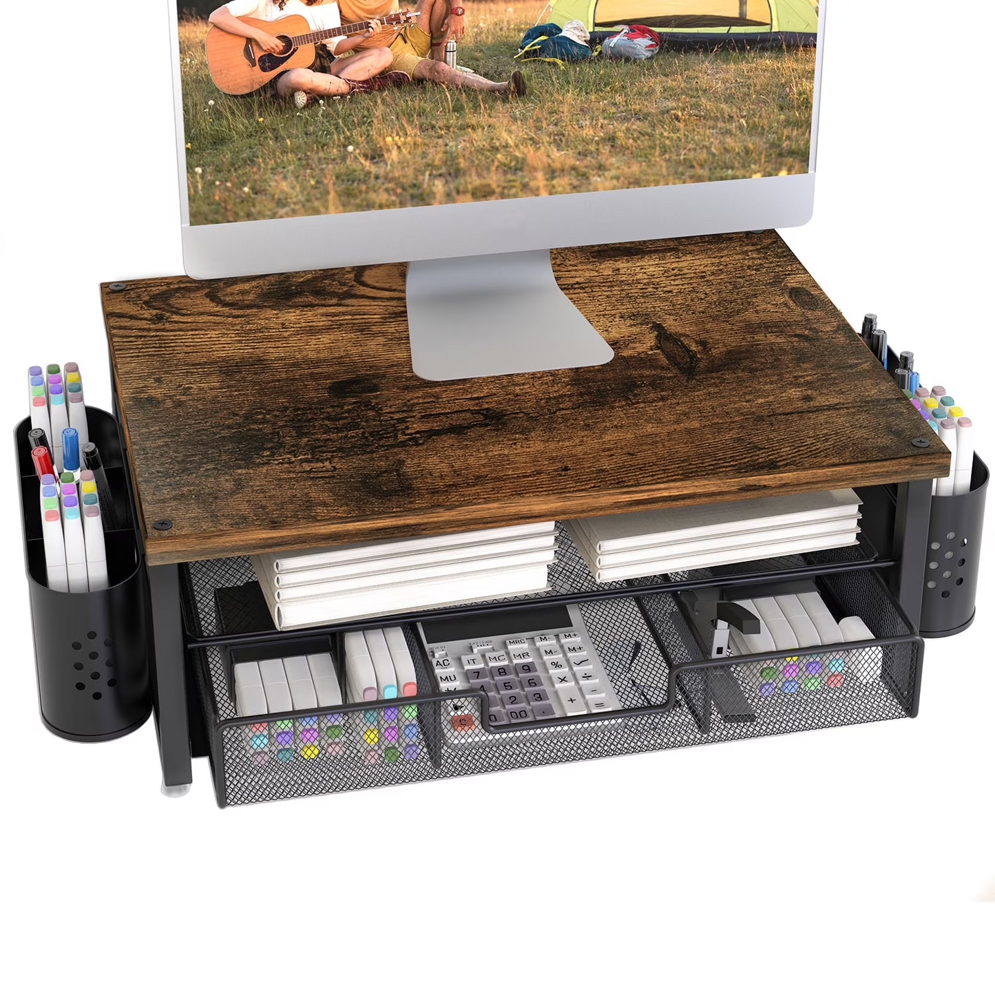 MEHOOM Desk Organizer and Accessories, 2-Tier Monitor Stand Riser with Drawer and 2 Pen Holders, Desktop monitor stand for Office and Dorm Use, Brown