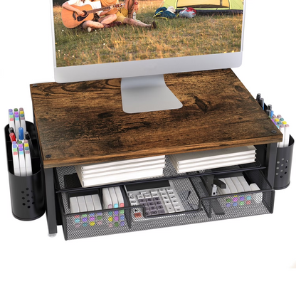 MEHOOM Desk Organizer and Accessories, 2-Tier Monitor Stand Riser with Drawer and 2 Pen Holders, Desktop monitor stand for Office and Dorm Use, Brown