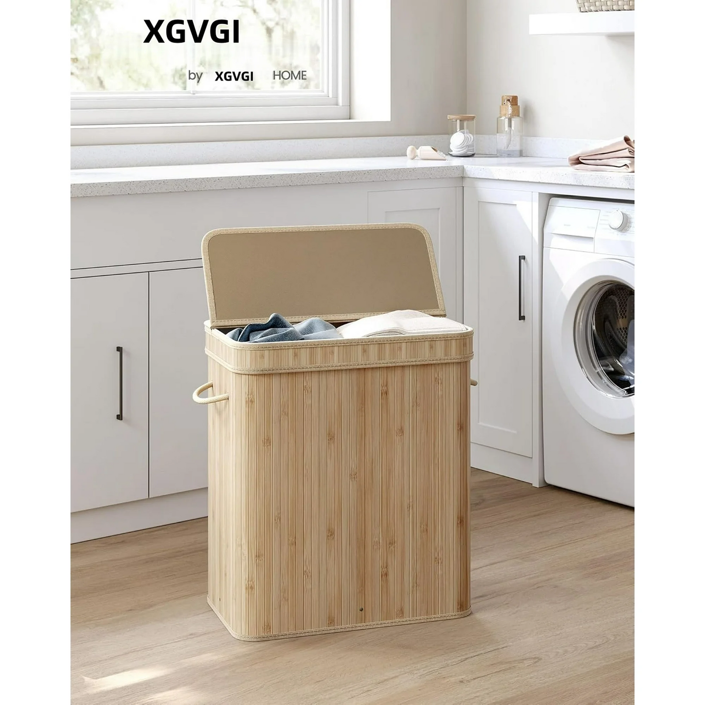 XGVGI Foldable Laundry Hamper with Lid, 100L Large Bamboo Clothes Basket with Removable Liner & Handles, Tall Rectangular Hamper for Bedroom, Bathroom, Small Spaces (Natural)