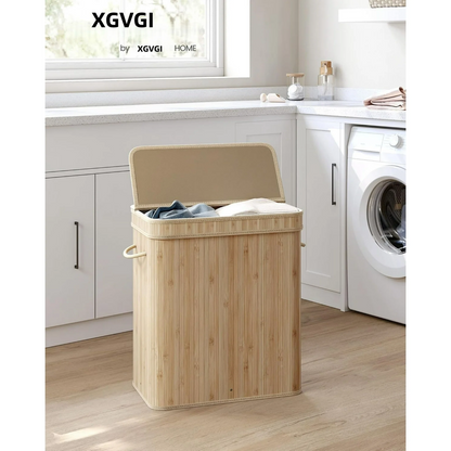 XGVGI Foldable Laundry Hamper with Lid, 100L Large Bamboo Clothes Basket with Removable Liner & Handles, Tall Rectangular Hamper for Bedroom, Bathroom, Small Spaces (Natural)