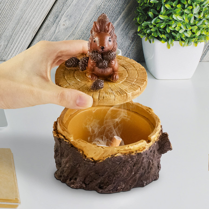 MEHOOM Resin Forest Squirrel Stump Ashtray with Lid, Windproof, Great Gift Ideas