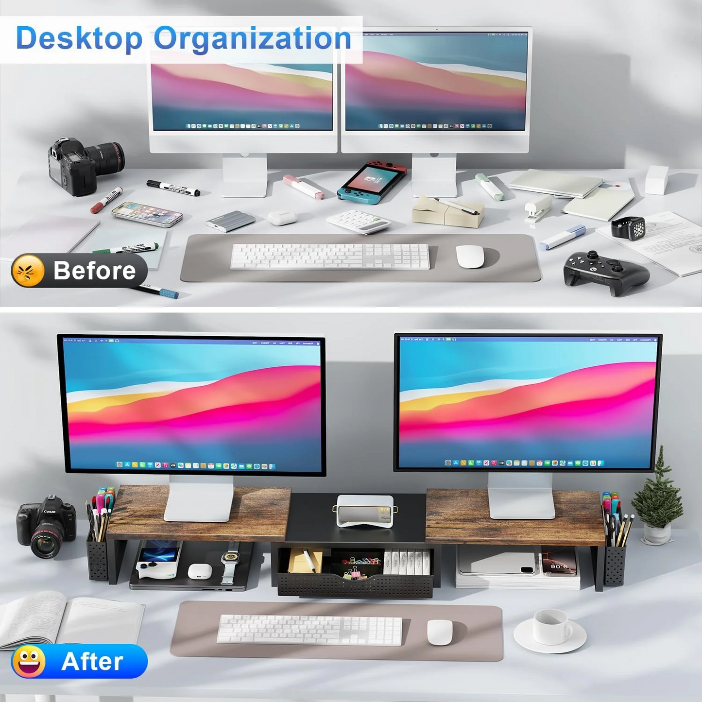 MEHOOM Dual Monitor Stand Riser, Desk Organizer With Drawer and 2 Pen Holders,Computer Monitor Stand, Desk Shelf for Top of Desk, Wood