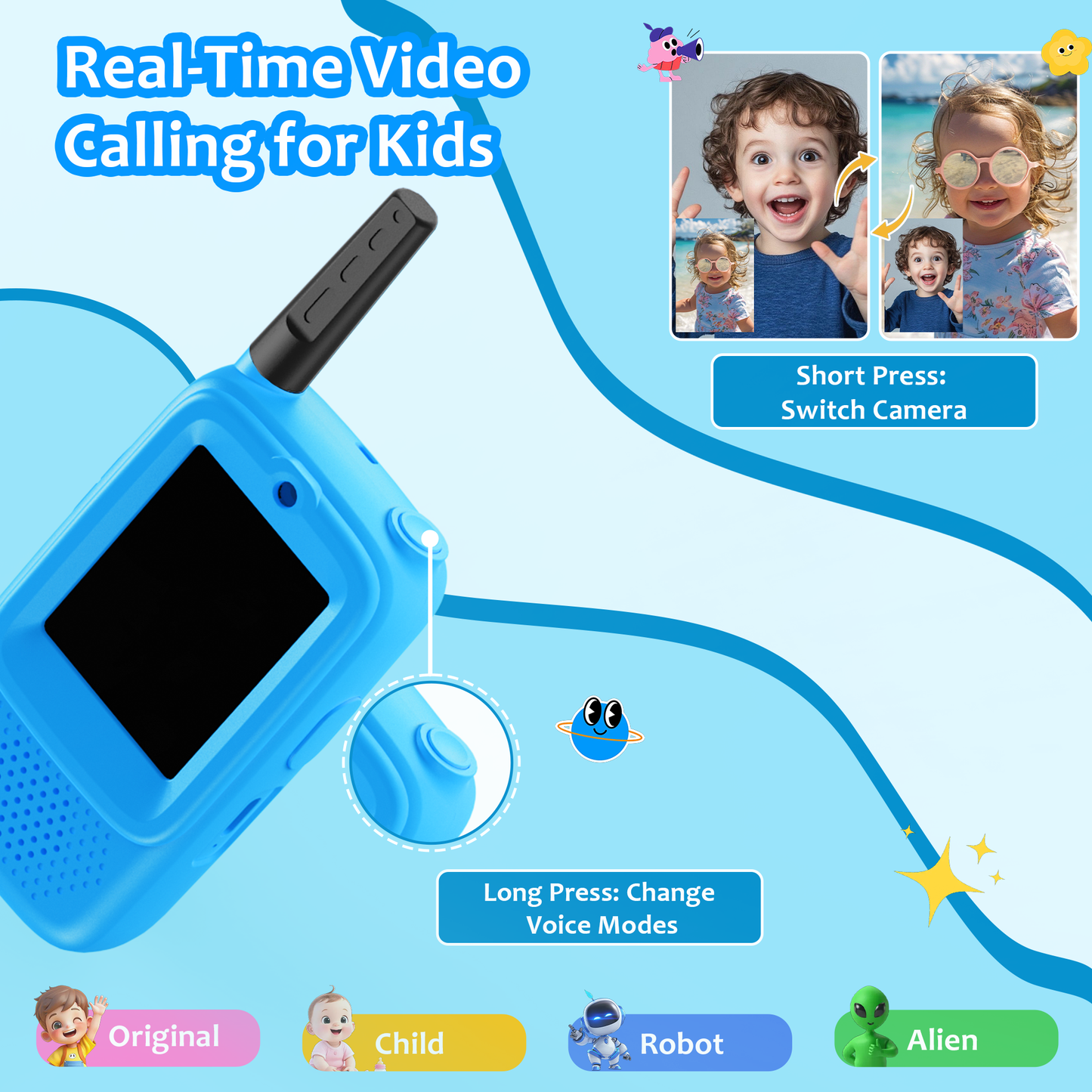 METIYEA Video Walkie Talkies for Kids, 2-Pack Rechargeable Walkie Talkies with Camera, Long Range Two-Way Radios for Boys & Girls Ages 3–12, Indoor Outdoor Play, Camping & Birthday Gift (Blue/Blue)