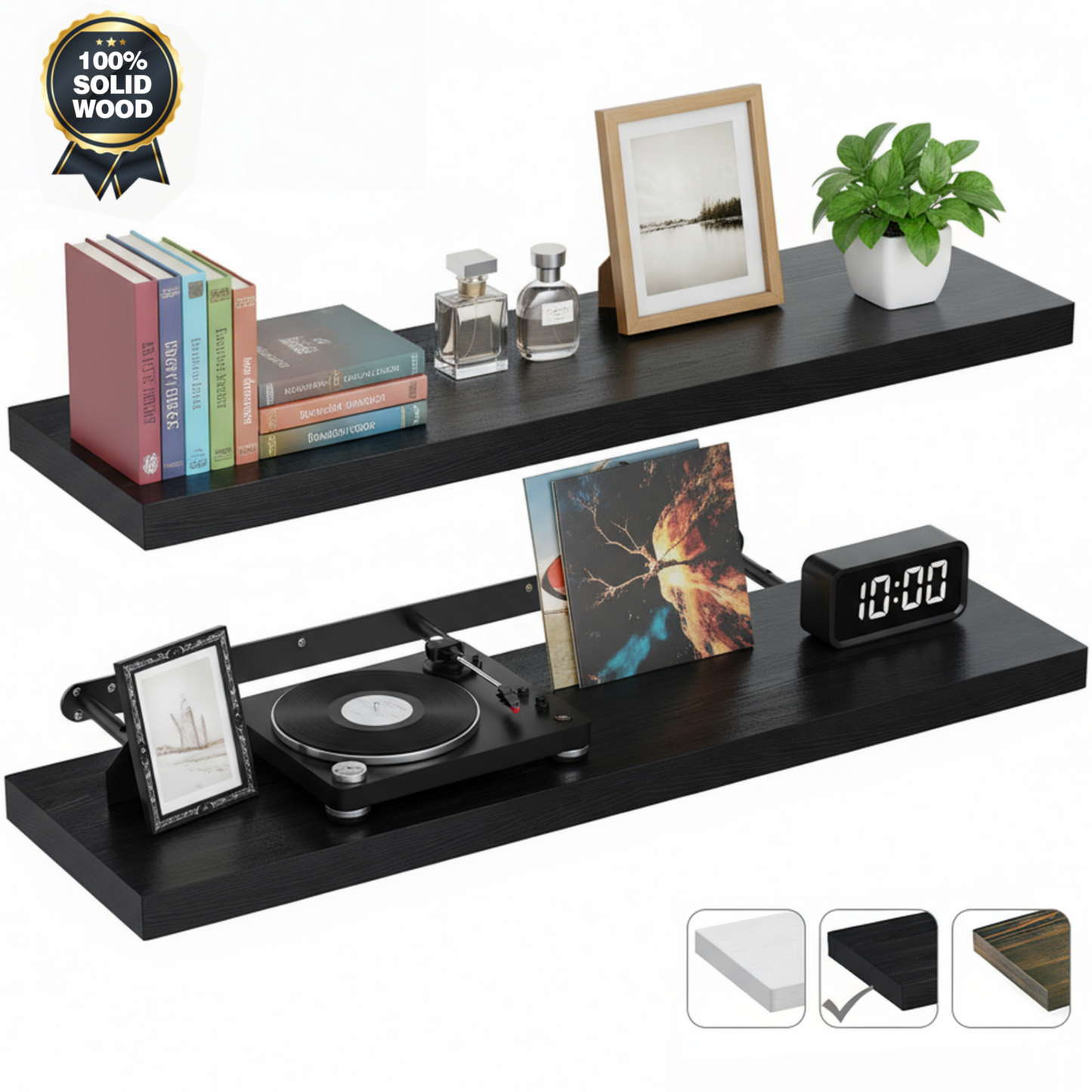 MEHOOM 36 Inch Floating Shelves, Solid Wood Wall Mounted Shelves for Bathroom, Bedroom, Living Room, Kitchen & Office, Heavy Duty Hanging Wall Shelf with 40 lbs Capacity (Black, 2 Pack)