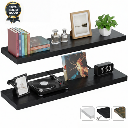 MEHOOM 36 Inch Floating Shelves, Solid Wood Wall Mounted Shelves for Bathroom, Bedroom, Living Room, Kitchen & Office, Heavy Duty Hanging Wall Shelf with 40 lbs Capacity (Black, 2 Pack)