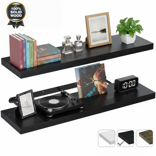 MEHOOM 36 Inch Floating Shelves, Solid Wood Wall Mounted Shelves for Bathroom, Bedroom, Living Room, Kitchen & Office, Heavy Duty Hanging Wall Shelf with 40 lbs Capacity (Black, 2 Pack)