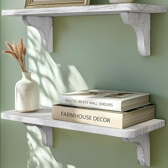Real Wood Rustic White Wall Shelves for Bedroom - 17 inch (3 Pack) - Easy to Install, Template and Video Included - Solid Wood Floating Shelves, Farmhouse Bathroom Shelves