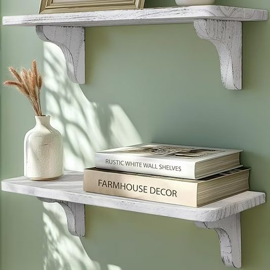 Real Wood Rustic White Wall Shelves for Bedroom - 17 inch (3 Pack) - Easy to Install, Template and Video Included - Solid Wood Floating Shelves, Farmhouse Bathroom Shelves