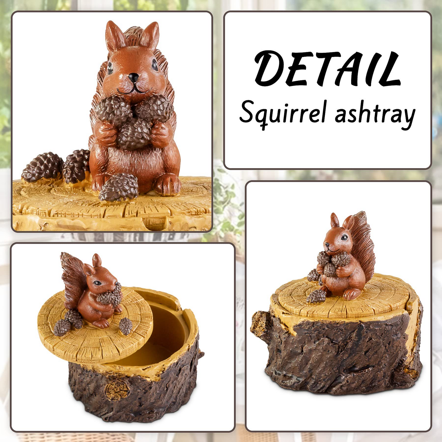 MEHOOM Resin Forest Squirrel Stump Ashtray with Lid, Windproof, Great Gift Ideas