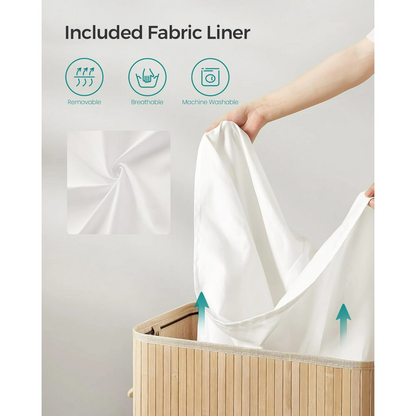XGVGI Foldable Laundry Hamper with Lid, 100L Large Bamboo Clothes Basket with Removable Liner & Handles, Tall Rectangular Hamper for Bedroom, Bathroom, Small Spaces (Natural)