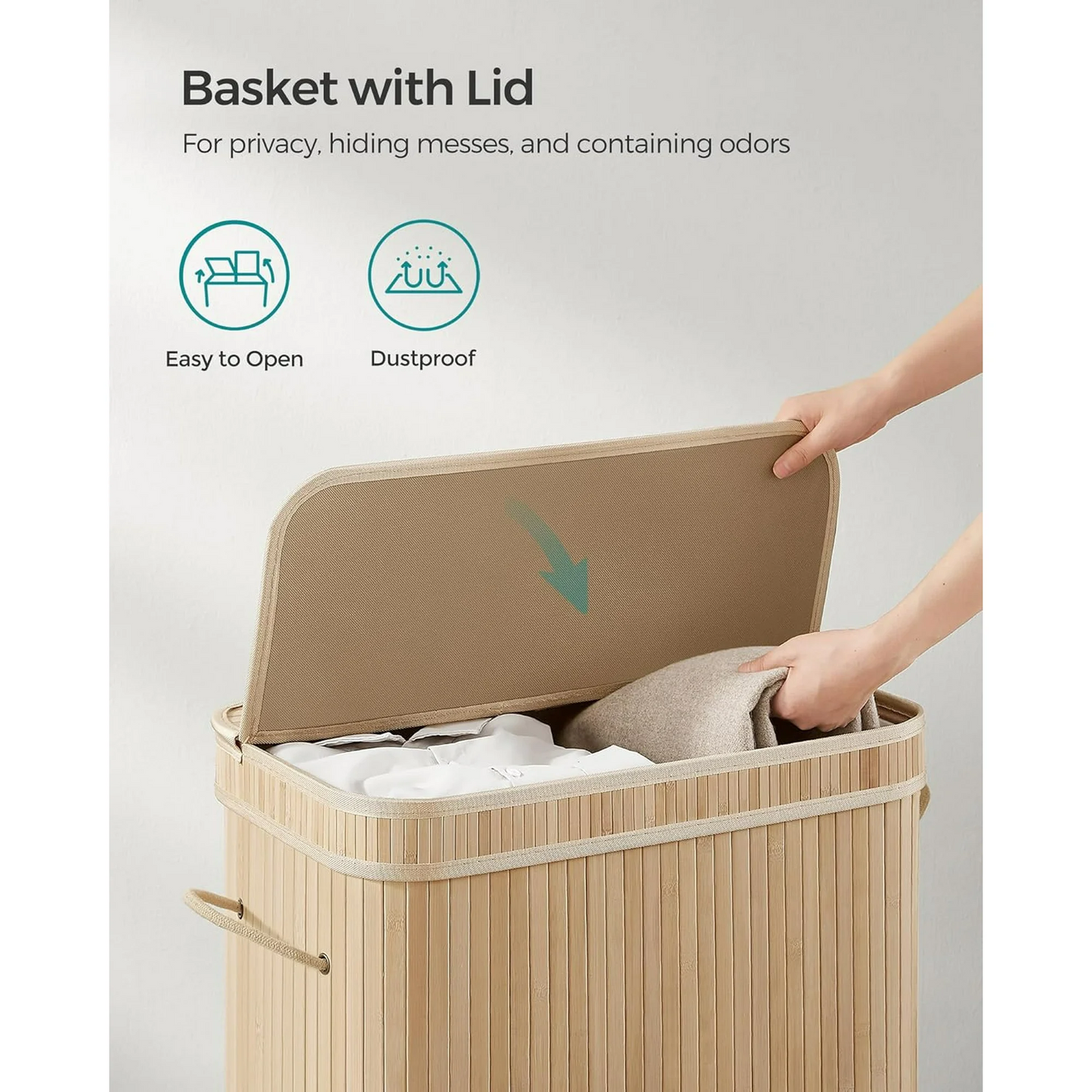 XGVGI Foldable Laundry Hamper with Lid, 100L Large Bamboo Clothes Basket with Removable Liner & Handles, Tall Rectangular Hamper for Bedroom, Bathroom, Small Spaces (Natural)