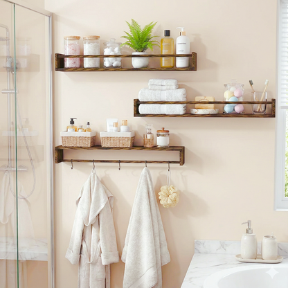 MEHOOM 24" Rustic Solid Book Shelves for Wall Set of 3, Floating Shelves for Bathroom,Kids Room,Bedroom,Living Room,Kitchen,Study Room,Torched Wood Wall Shelves Farmhouse Decor