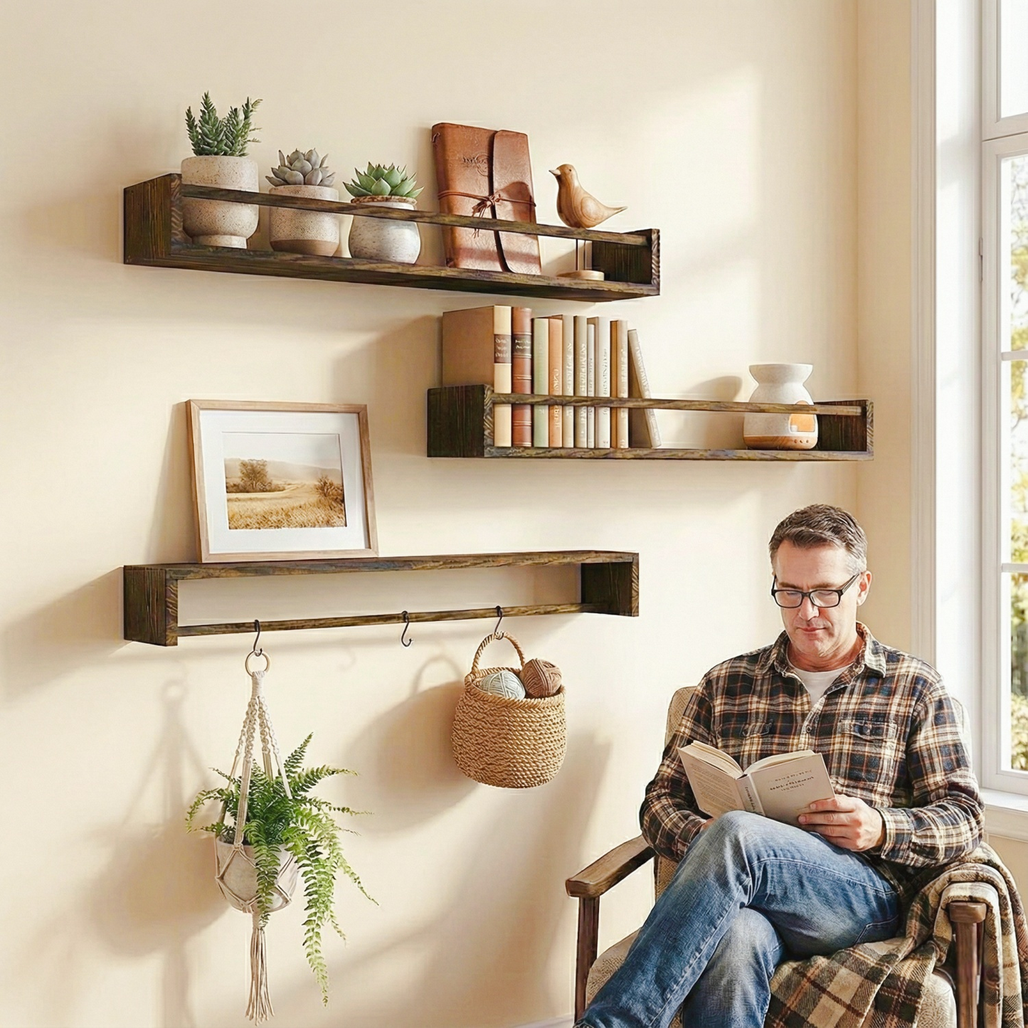 MEHOOM 24" Rustic Solid Book Shelves for Wall Set of 3, Floating Shelves for Bathroom,Kids Room,Bedroom,Living Room,Kitchen,Study Room,Torched Wood Wall Shelves Farmhouse Decor