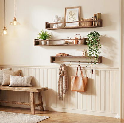 MEHOOM 24" Rustic Solid Book Shelves for Wall Set of 3, Floating Shelves for Bathroom,Kids Room,Bedroom,Living Room,Kitchen,Study Room,Torched Wood Wall Shelves Farmhouse Decor