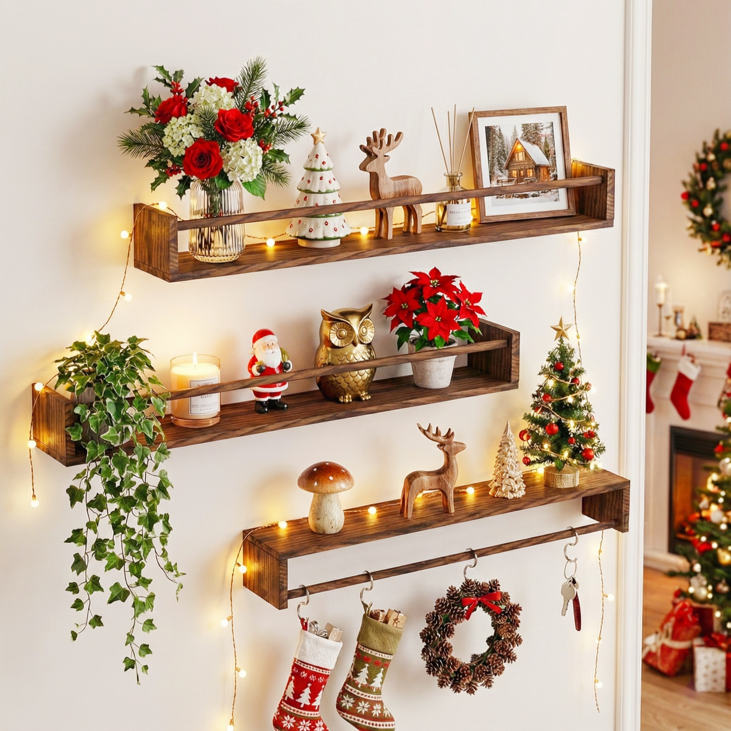 MEHOOM 24" Rustic Solid Book Shelves for Wall Set of 3, Floating Shelves for Bathroom,Kids Room,Bedroom,Living Room,Kitchen,Study Room,Torched Wood Wall Shelves Farmhouse Decor