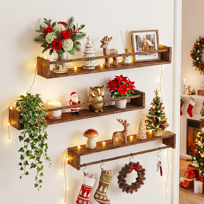 MEHOOM 24" Rustic Solid Book Shelves for Wall Set of 3, Floating Shelves for Bathroom,Kids Room,Bedroom,Living Room,Kitchen,Study Room,Torched Wood Wall Shelves Farmhouse Decor