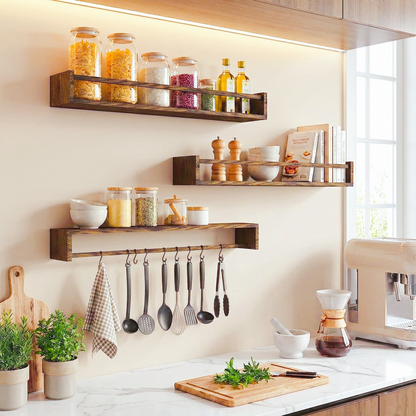 MEHOOM 24" Rustic Solid Book Shelves for Wall Set of 3, Floating Shelves for Bathroom,Kids Room,Bedroom,Living Room,Kitchen,Study Room,Torched Wood Wall Shelves Farmhouse Decor