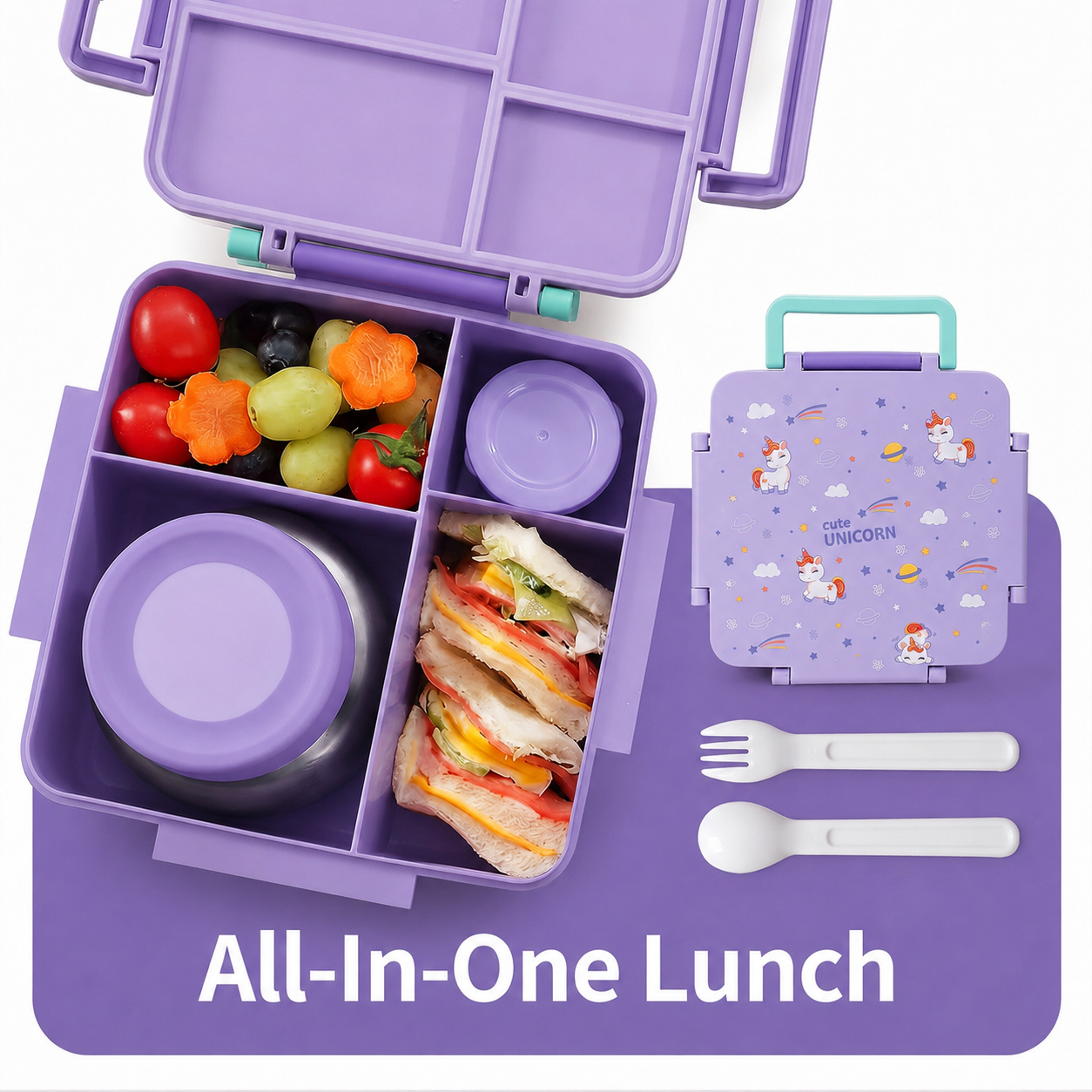 MEHOOM Kids Lunch Box, Leakproof Bento Box for kids with 4 Compartments & 18oz Soup Thermos for Hot Food, kids Insulated Lunch Box Durable, Drop-Proof, BPA-Free Materials(Purple Unicorn)