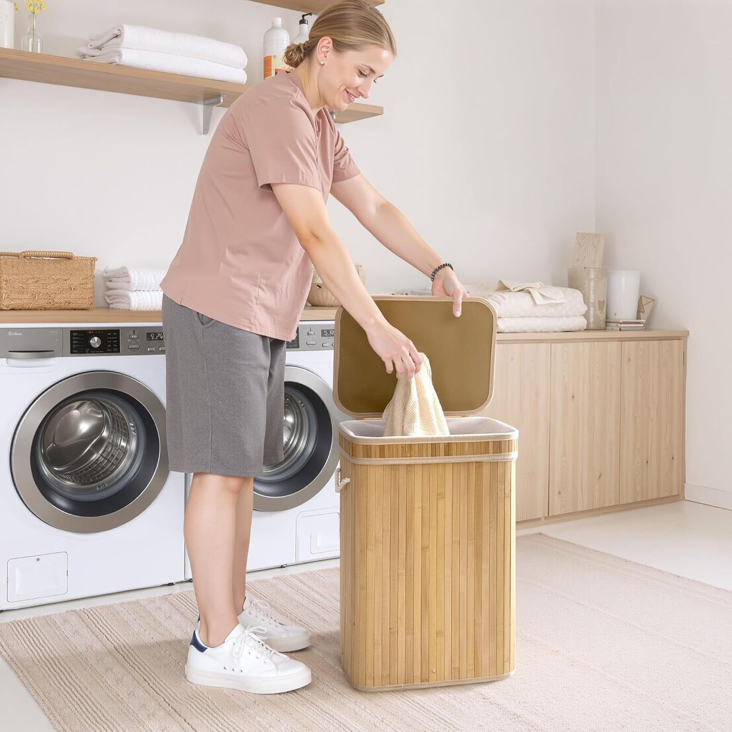 XGVGI Laundry Hamper with Lid, 72L Woven Clothes Laundry Basket with Handles, Foldable, Removable Liner