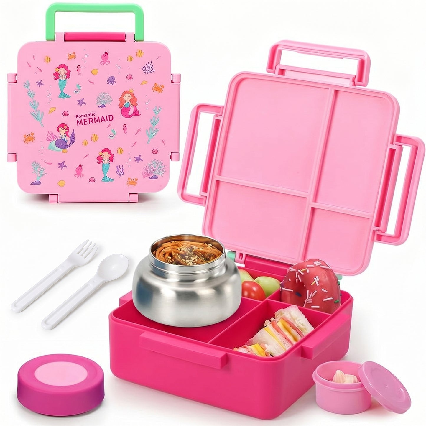 MEHOOM Kids Lunch Box, Leakproof Bento Box for kids with 4 Compartments & 18oz Soup Thermos for Hot Food, kids Insulated Lunch Box Durable, Drop-Proof, BPA-Free Materials (Pink Mermaid)