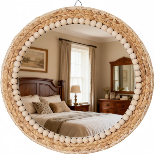 MEHOOM 15" Round Boho Wall Mirror, Rattan Hanging Mirror for Bedroom, Living Room, Farmhouse Decor