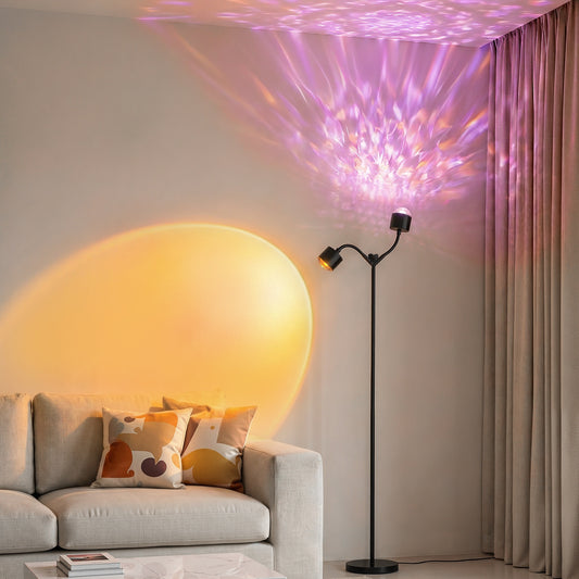 MEHOOM  Double-Headed Floor Lamp , 360°Rotating Sunset Lamp Ambiance Comes with 7 Color Swatches,  Modern Floor Stand Night Light for Living Rooms, Bedrooms & Offices