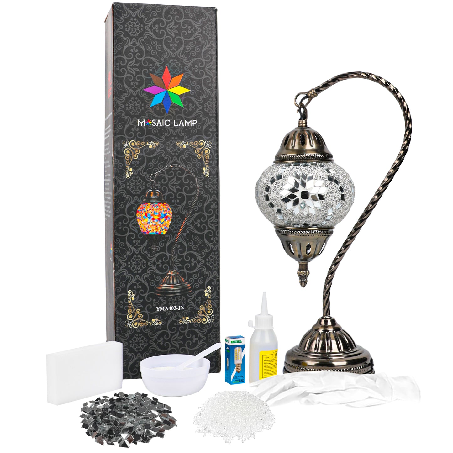 MEHOOM DIY Mosaic Gooseneck Lamp Kit,Turkish Crafts Kit for Adult,Moroccan Decor, Perfect Gift for Her or Him (White)