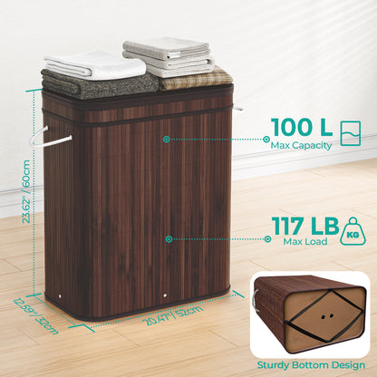 MEHOOM 100L Bamboo Laundry Hamper with Lid, Foldable Clothes Basket for Bedroom, Laundry Room, Small Spaces (Brown)