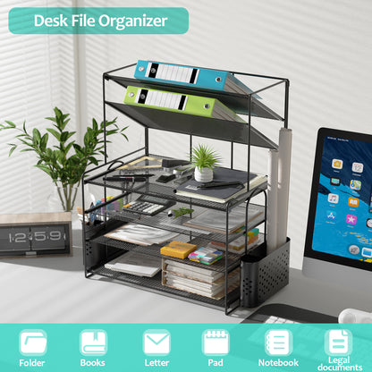 MEHOOM 6 Tier Desk File Organizer, Desk Organizer with Pen Holder and Drawer, Desk organizers and Accessories with 2 Tilted File Sorter, Paper Organizer for Office Supplies