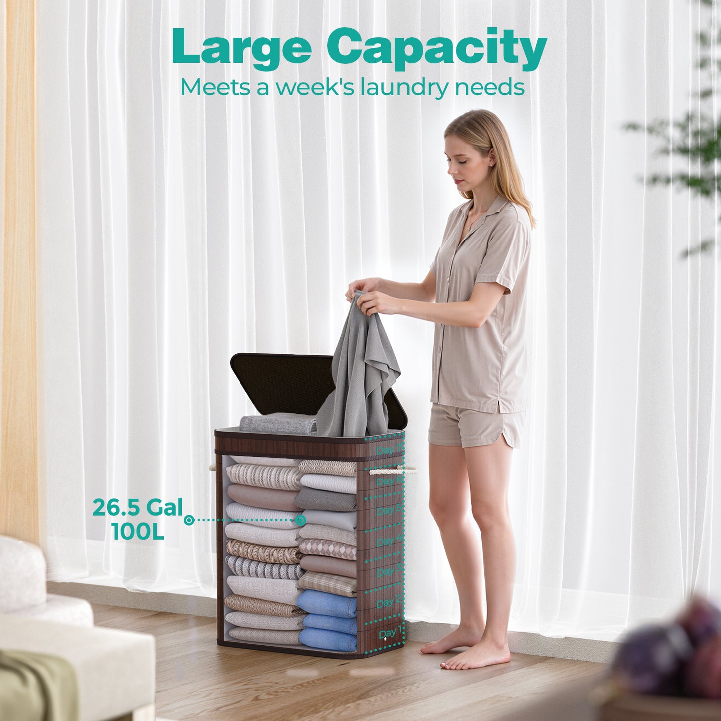 MEHOOM 100L Bamboo Laundry Hamper with Lid, Foldable Clothes Basket for Bedroom, Laundry Room, Small Spaces (Brown)