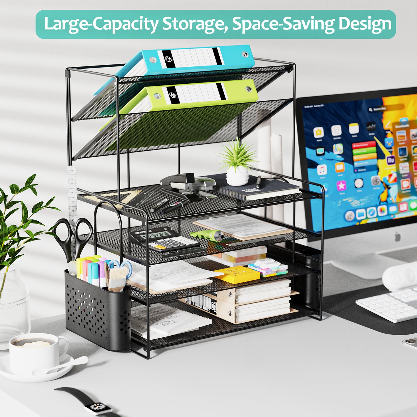MEHOOM 6 Tier Desk File Organizer, Desk Organizer with Pen Holder and Drawer, Desk organizers and Accessories with 2 Tilted File Sorter, Paper Organizer for Office Supplies
