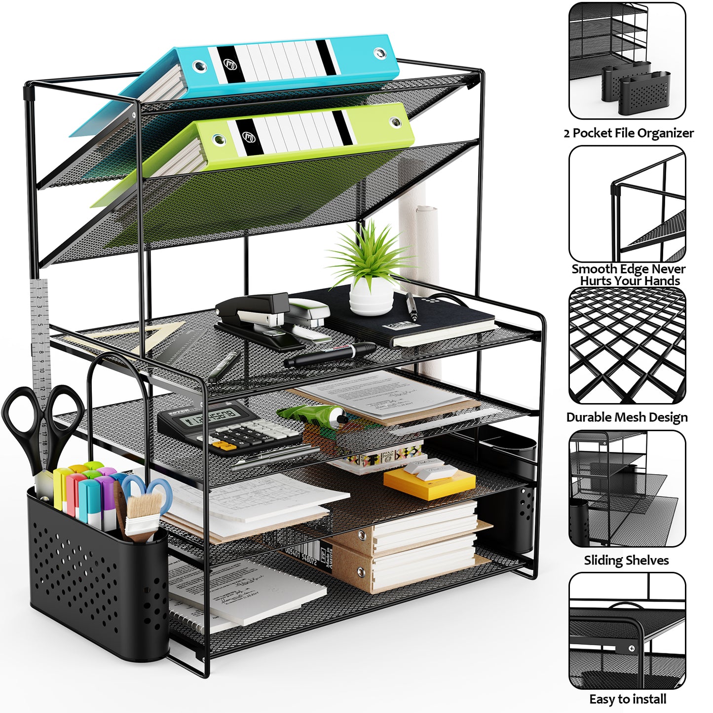MEHOOM 6 Tier Desk File Organizer, Desk Organizer with Pen Holder and Drawer, Desk organizers and Accessories with 2 Tilted File Sorter, Paper Organizer for Office Supplies