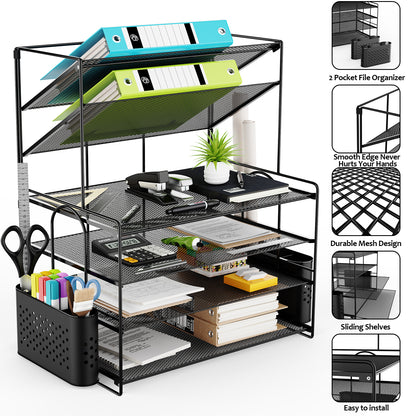 MEHOOM 6 Tier Desk File Organizer, Desk Organizer with Pen Holder and Drawer, Desk organizers and Accessories with 2 Tilted File Sorter, Paper Organizer for Office Supplies