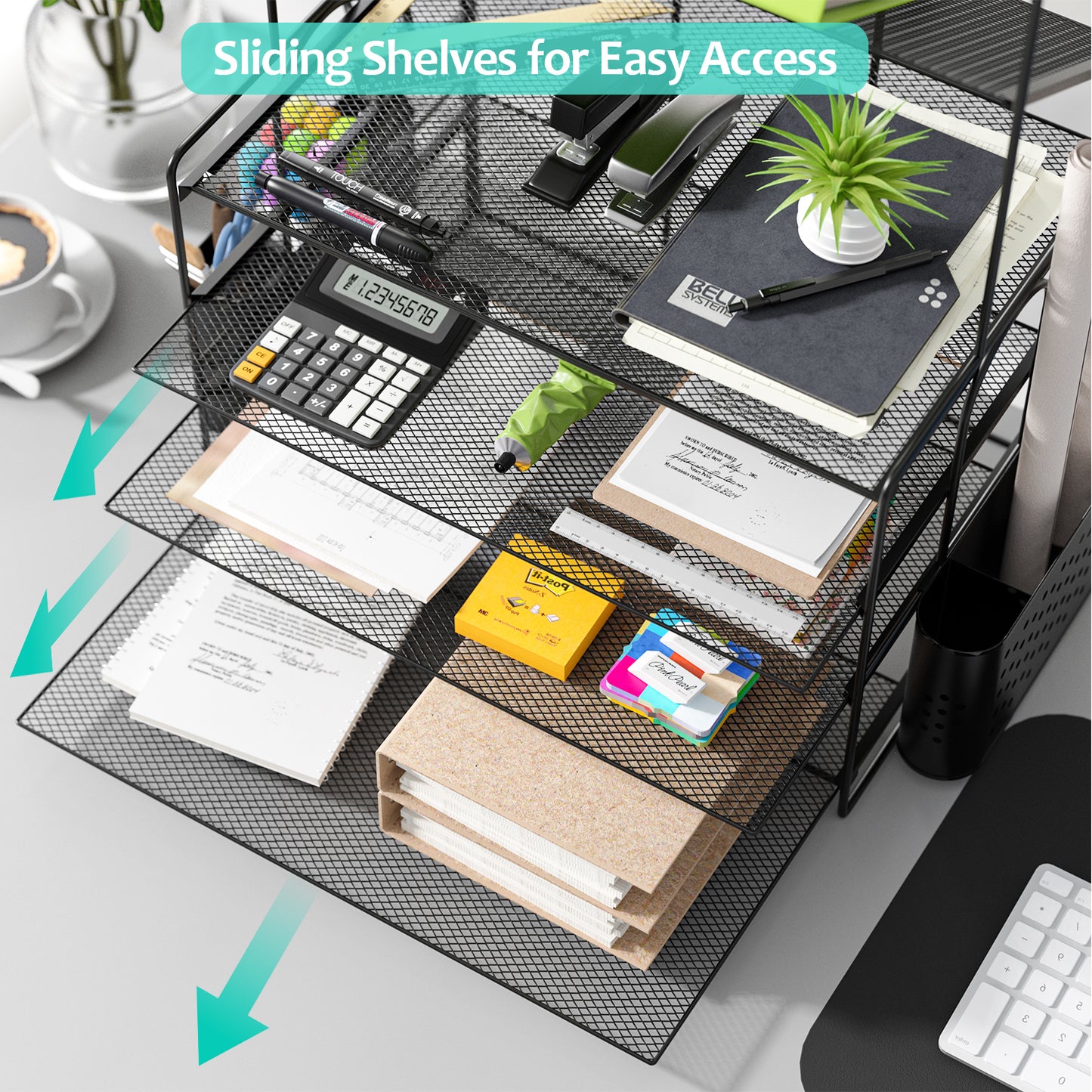 MEHOOM 6 Tier Desk File Organizer, Desk Organizer with Pen Holder and Drawer, Desk organizers and Accessories with 2 Tilted File Sorter, Paper Organizer for Office Supplies