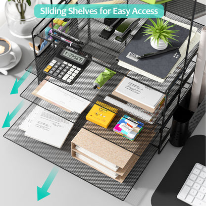 MEHOOM 6 Tier Desk File Organizer, Desk Organizer with Pen Holder and Drawer, Desk organizers and Accessories with 2 Tilted File Sorter, Paper Organizer for Office Supplies