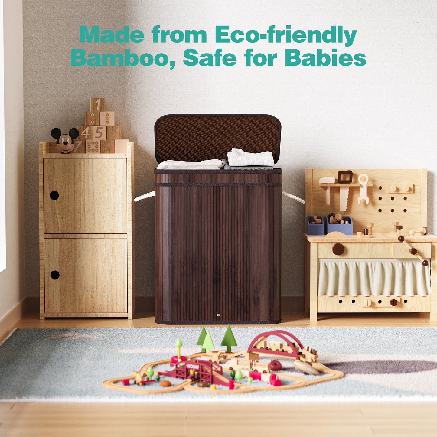 MEHOOM 100L Bamboo Laundry Hamper with Lid, Foldable Clothes Basket for Bedroom, Laundry Room, Small Spaces (Brown)
