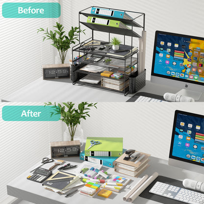 MEHOOM 6 Tier Desk File Organizer, Desk Organizer with Pen Holder and Drawer, Desk organizers and Accessories with 2 Tilted File Sorter, Paper Organizer for Office Supplies