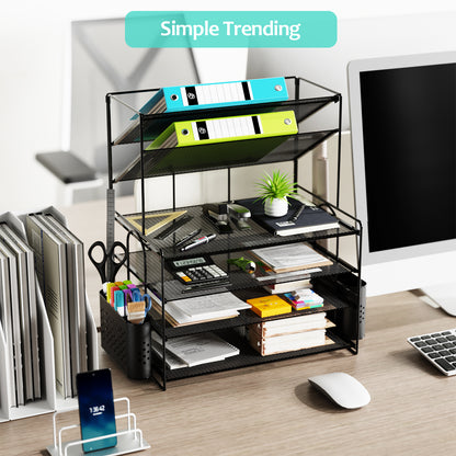 MEHOOM 6 Tier Desk File Organizer, Desk Organizer with Pen Holder and Drawer, Desk organizers and Accessories with 2 Tilted File Sorter, Paper Organizer for Office Supplies