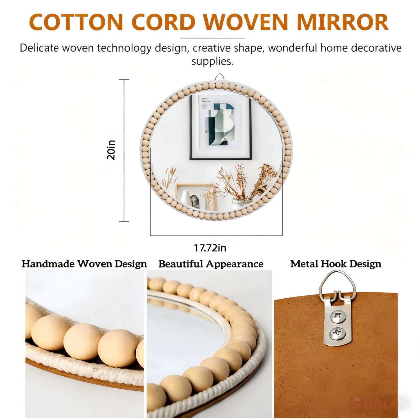 MEHOOM 17" Round Wall Mirror, Boho Hanging Round Mirror, Wall Decor for Bedroom, Bathroom, Living Room, Beige